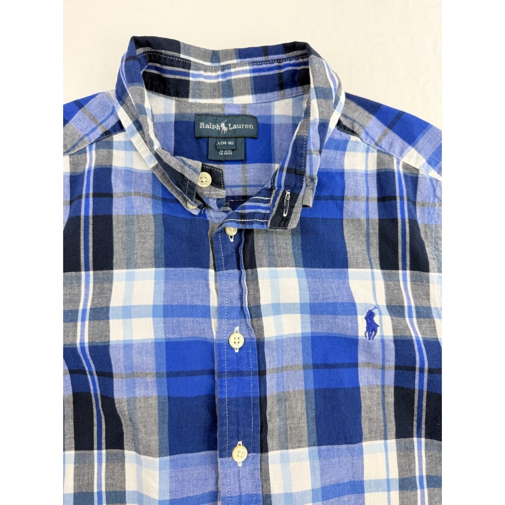 Ralph Lauren Boys Blue White Plaid Short Sleeve Button Down Shirt Size L 14-16